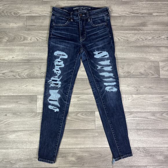American Eagle Ripped Hi-Rise Jegging Skinny Jeans Dark Wash sz 4 Short - Picture 2 of 9